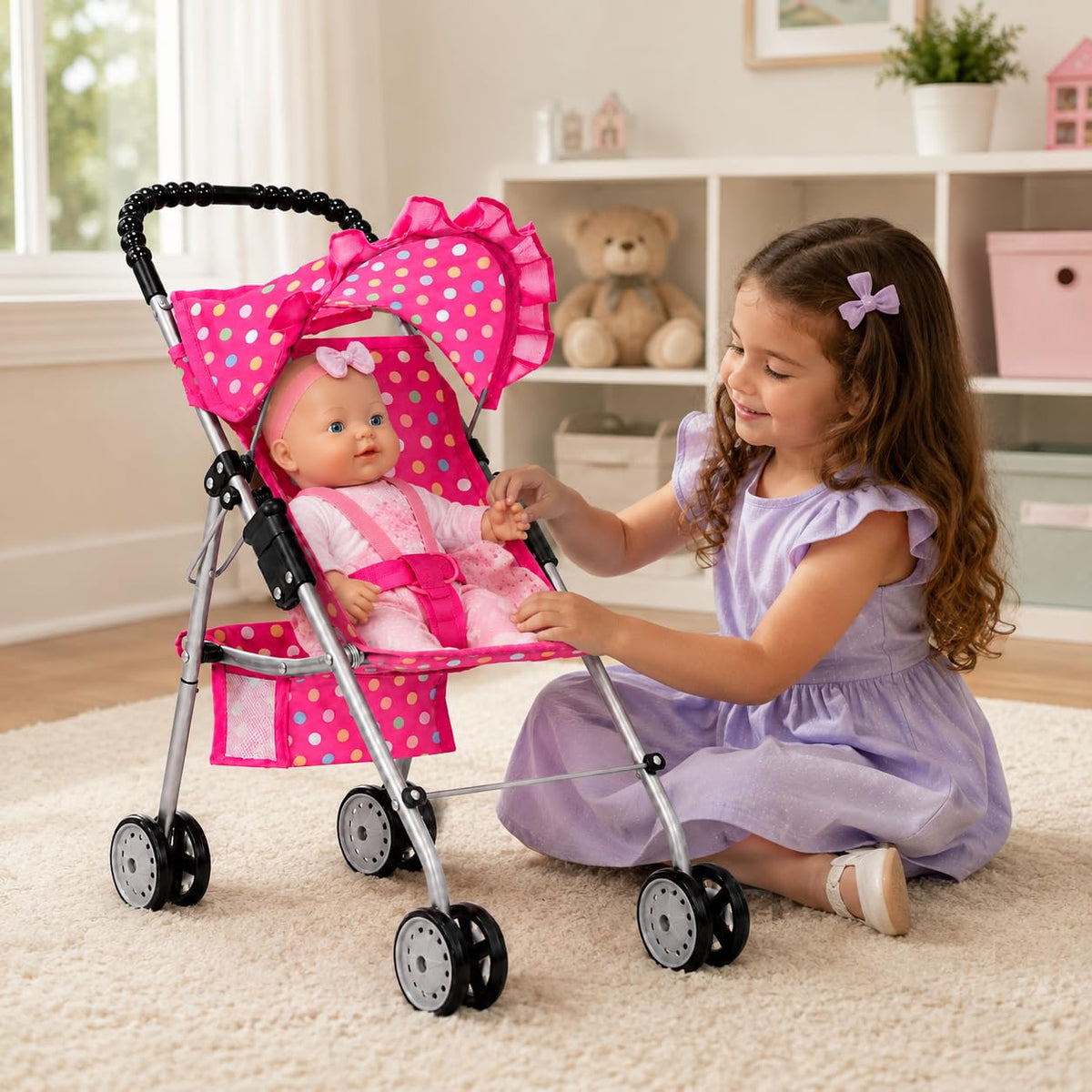 My First Baby Doll Stroller for Kids – Foldable Toy Stroller for 18 Inch Dolls with Storage Basket, Double Wheels & Canopy – Pretend Play Toy Stroller