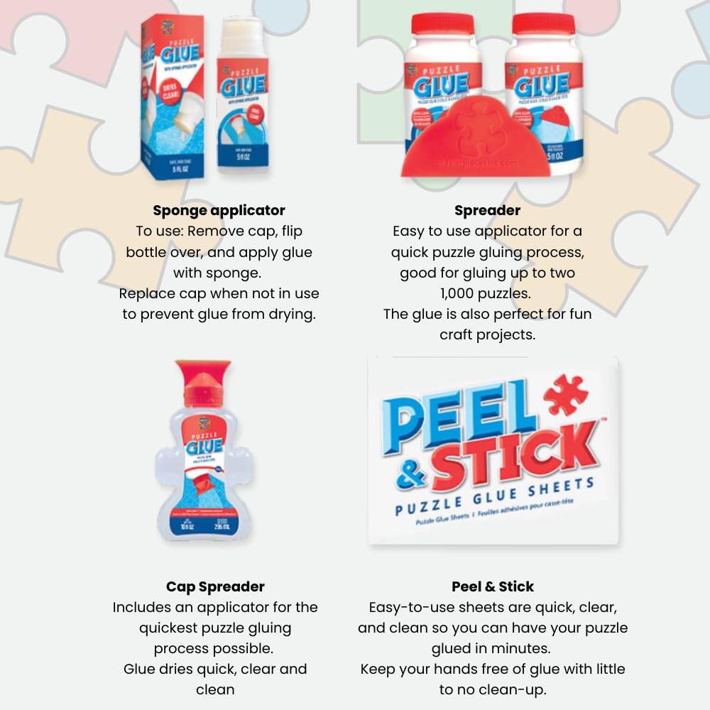 MasterPieces – Puzzle Glue with Wide Plastic Spreader, Easy to Apply, Dries Quick and Clear, Protects Finished Jigsaw Puzzles, Water-Soluble, 2 Pack, 5 oz Each