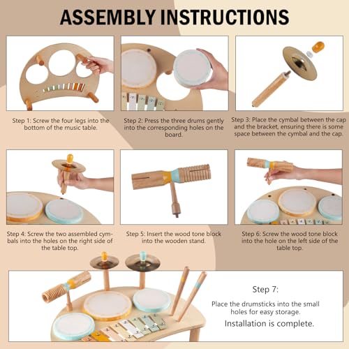 Wooden Drum Set Toys for 2-3 Year Old Montessori Musical Instruments Toy | Drum with Xylophone Birthday Gift for 18+ Months Boys Girls
