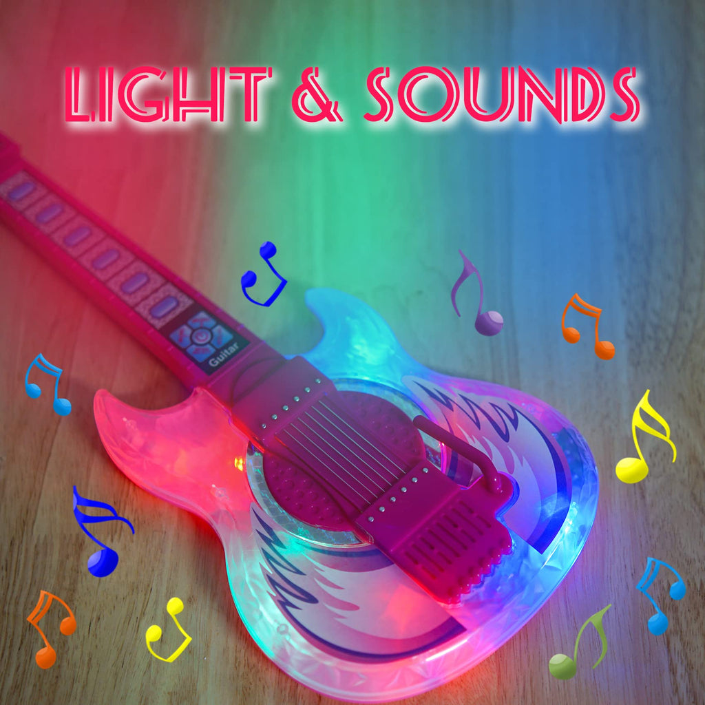 Guitar and Microphone Play Set for Girls,Karaoke Machine with Music&Light,Microphone Toys with Stand,Adjustable Height Guitar Toys for Kids,Toddlers,Child(Red)