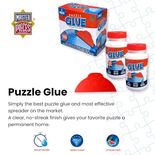 MasterPieces – Puzzle Glue with Wide Plastic Spreader, Easy to Apply, Dries Quick and Clear, Protects Finished Jigsaw Puzzles, Water-Soluble, 2 Pack, 5 oz Each
