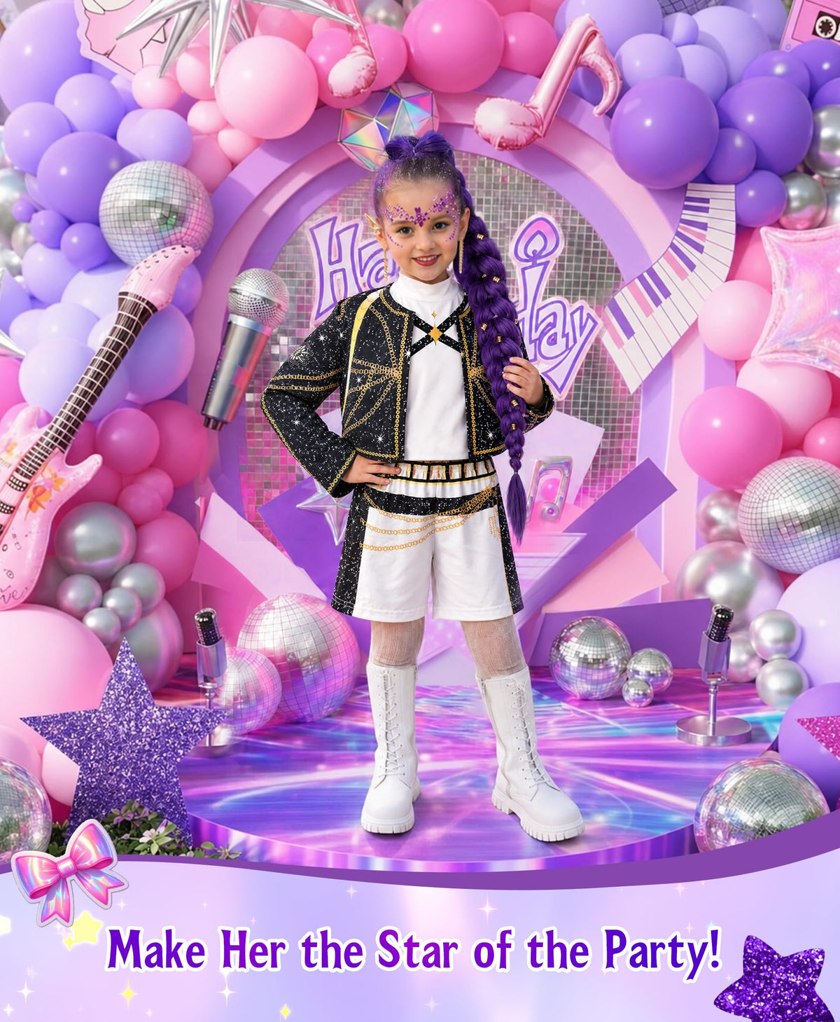 Behufun Girls Halloween Costume, Pop Singer Costume, Top Pants with Purple Braid for Cosplay Birthday Party, 4-12 Years