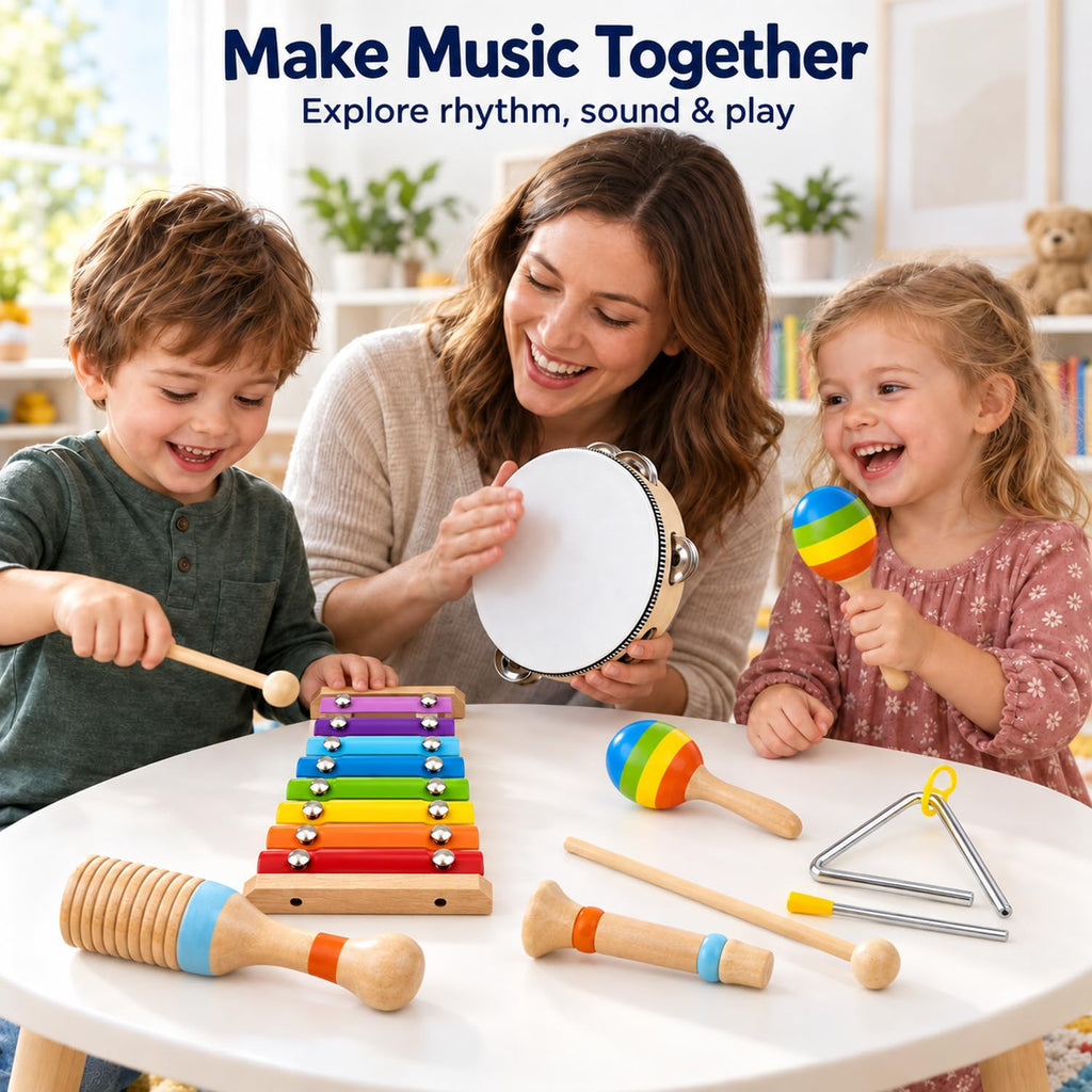 Montessori Wooden Musical Instruments Toys for Kids,Educational Drum Set for Kids with Xylophone & Maracas and More,Preschool Music Toys for Boys and Girls,Christmas Birthday Gift