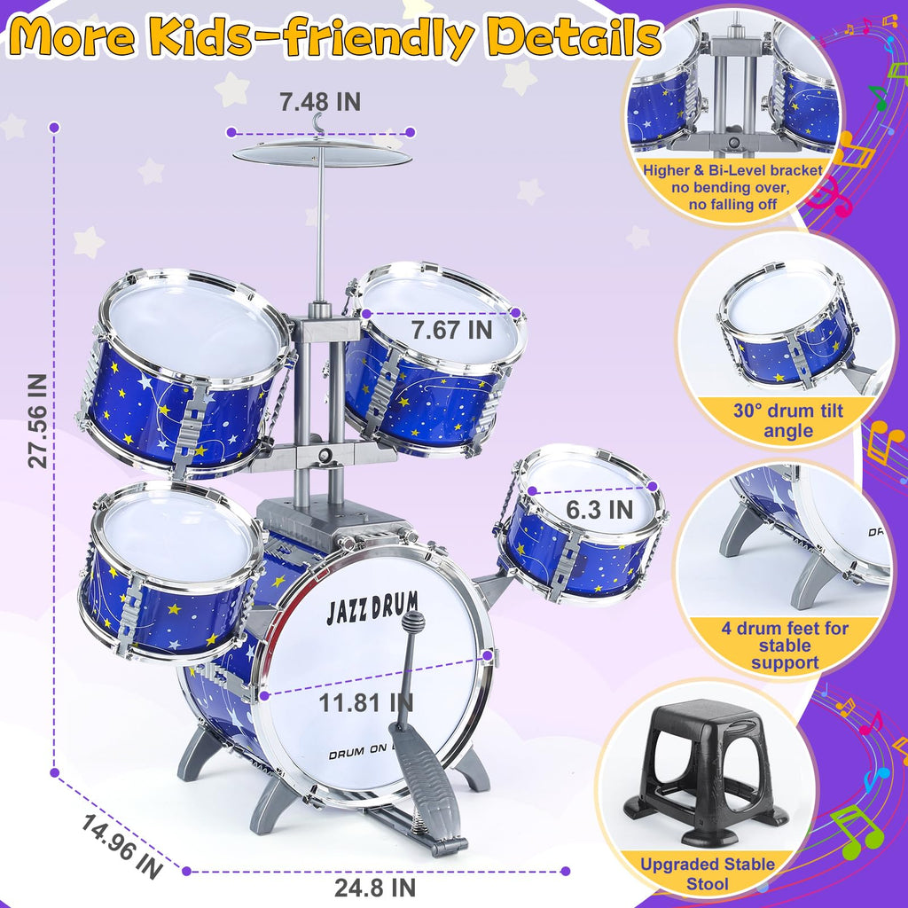 LinseyFun Upgraded Kids Drum Set for Toddlers 3-5, Light-up Jazz Drum Toy | Upgraded Kids Drum Set for Toddlers 3-5, Jazz Ages 4-6, Star Light up Musical Instrument Toy for Boys Girls 5-7 (All Plastic)