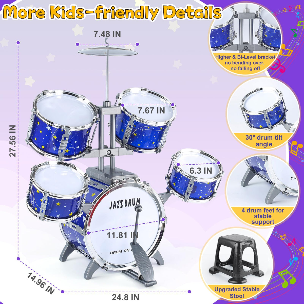 LinseyFun Upgraded Kids Drum Set for Toddlers 3-5, Light-up Jazz Drum Toy | Upgraded Kids Drum Set for Toddlers 3-5, Jazz Ages 4-6, Star Light up Musical Instrument Toy for Boys Girls 5-7 (All Plastic)