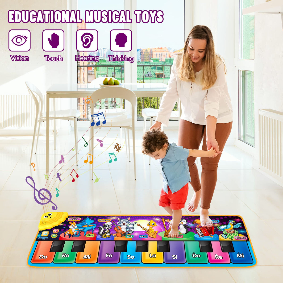 Floor Piano Mat, Musical Educational Keyboard Playmat for Kids Aged 1 2 3+ | Musical Animal Touch Play Toy & Dancing Mat, 25 Music Sounds Sensory Educational Toy, Ideal Gifts for Ages 1-3+ Boys Girls
