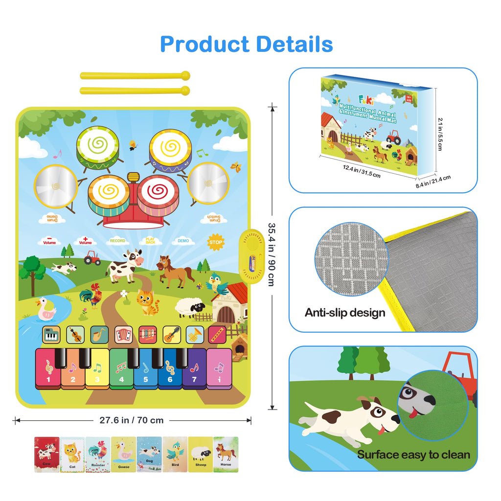 FOKI 3-in-1 Floor Piano Mat, Musical Toys for Toddlers 1-3, Baby Music Mat | 35.4 x 27.6 in Sensory Toy, 3 Sound Channels, 200-Note Record & Playback, 8 Music Cards, Gifts for 1 Year Old Boys & Girls