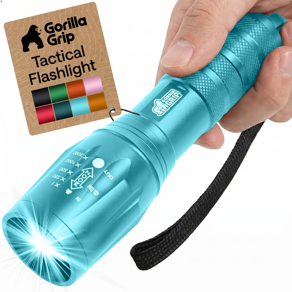 GORILLA GRIP Powerful LED Tactical Flashlight, Turquoise | Water Resistant 750 FT Lumen, 5 Adjustable Modes, Ultra Bright Zoom , Small Mini Flashlights, Camping, Night Dog Walking