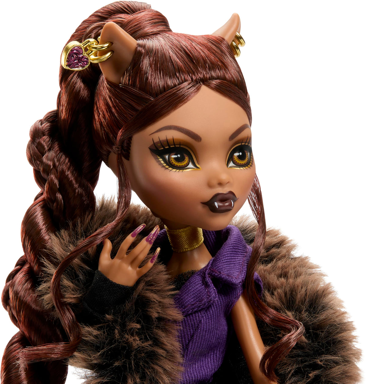 Monster High Doll, Clawdeen Wolf House of Wolf Collectible with Faux Fur Jacquard Coat, Purple Blazer Dress, Pantaboots and Golden Accessories