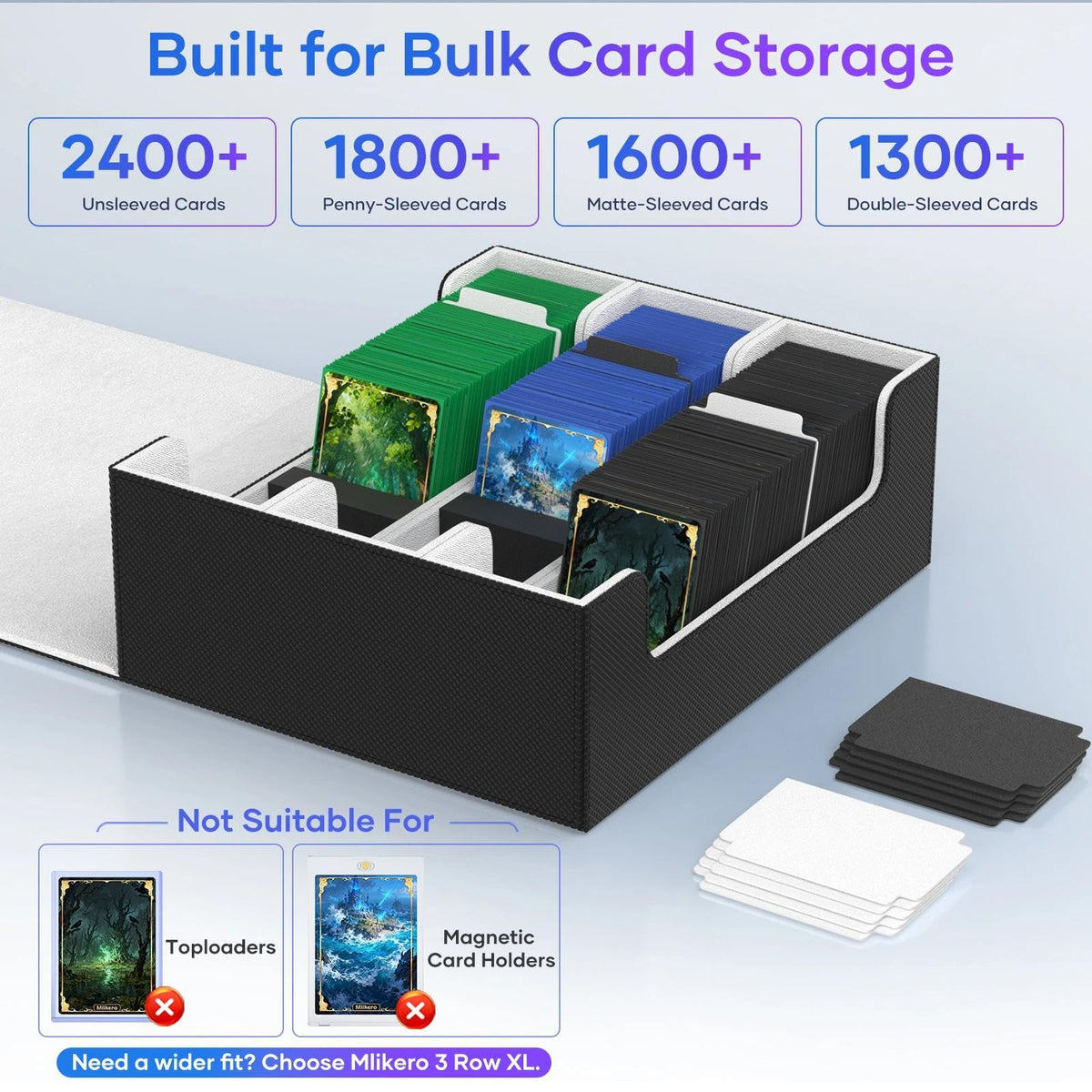 Mlikero Trading Card Storage Box, Bulk Card Storage for 1800+ Sleeved Cards, PU Leather Magnetic Closure Card Organizer with 10 Dividers & 3 Foam Stoppers, Fit for MTG, TCG and Sports Cards
