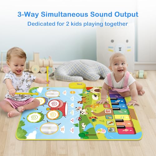 FOKI 3-in-1 Floor Piano Mat, Musical Toys for Toddlers 1-3, Baby Music Mat | 35.4 x 27.6 in Sensory Toy, 3 Sound Channels, 200-Note Record & Playback, 8 Music Cards, Gifts for 1 Year Old Boys & Girls
