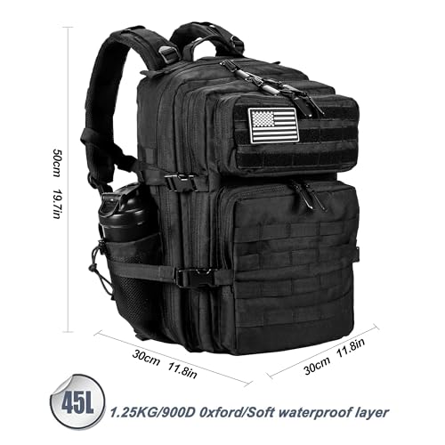 LHI Military Tactical Backpack for Men and Women 45L Army 3 Days Assault Pack Bag Large Rucksack with Molle System Black