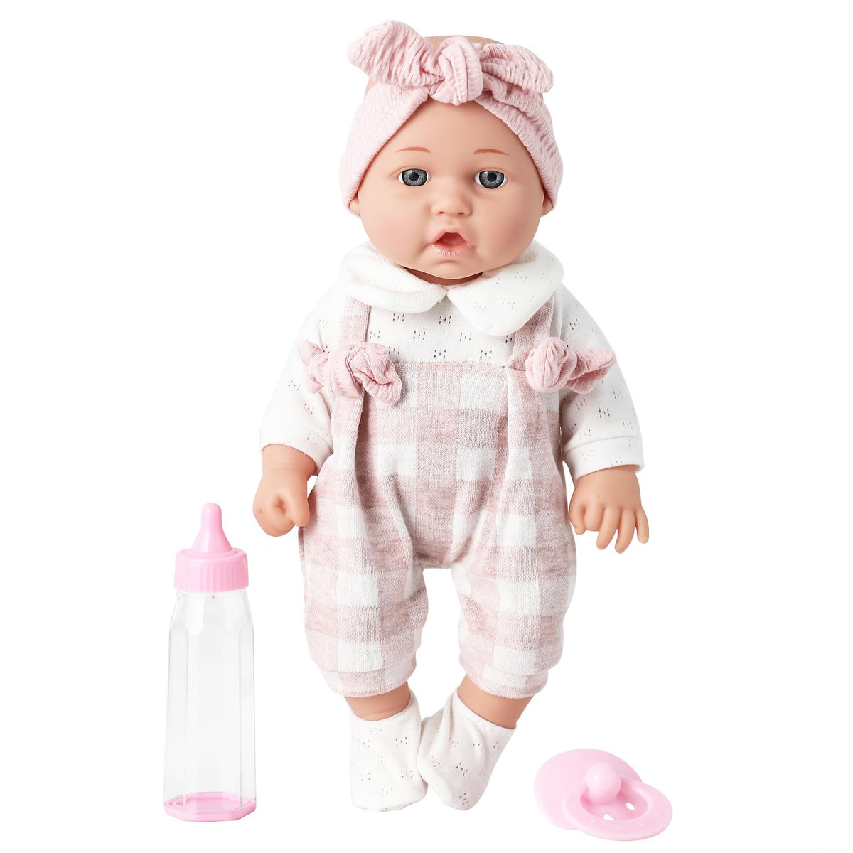 Enjoyin 12'' Baby Doll in Gift Box with Pink Cloths, Pacifier, 13''x13'' Microfabric Blanket, and Feeding Bottle. Gift Idea for Kids