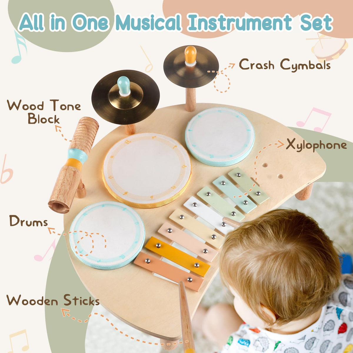 Kids Drum Set, Montessori Toys Wooden Musical Instruments for Baby Toddlers | Drum Kit with Cymbals & Xylophone, Sensory Toys for Music Learning, Fine Motor Skills, Preschool Birthday Gift for Boys Girls