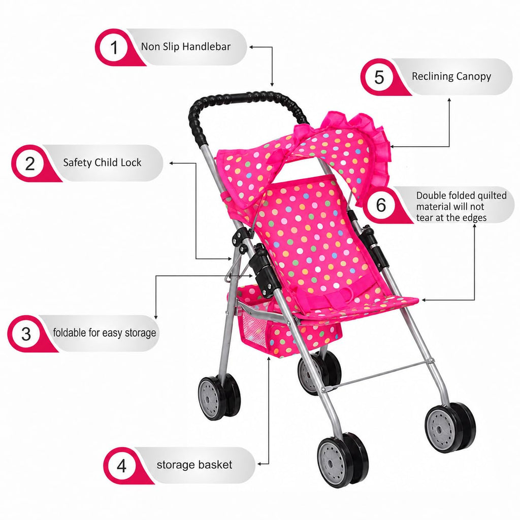 My First Baby Doll Stroller for Kids – Foldable Toy Stroller for 18 Inch Dolls with Storage Basket, Double Wheels & Canopy – Pretend Play Toy Stroller