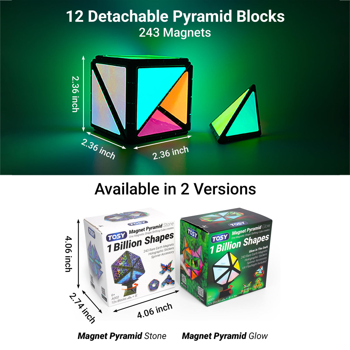 TOSY Magnet Pyramid Glow - 1 Cube Transforms into 1 Billion Shapes, 12 Pieces, 243 Rare Earth Magnets, Glowing, Holographic Design Magnet Tiles Creative Puzzle STEM/STEAM Toy