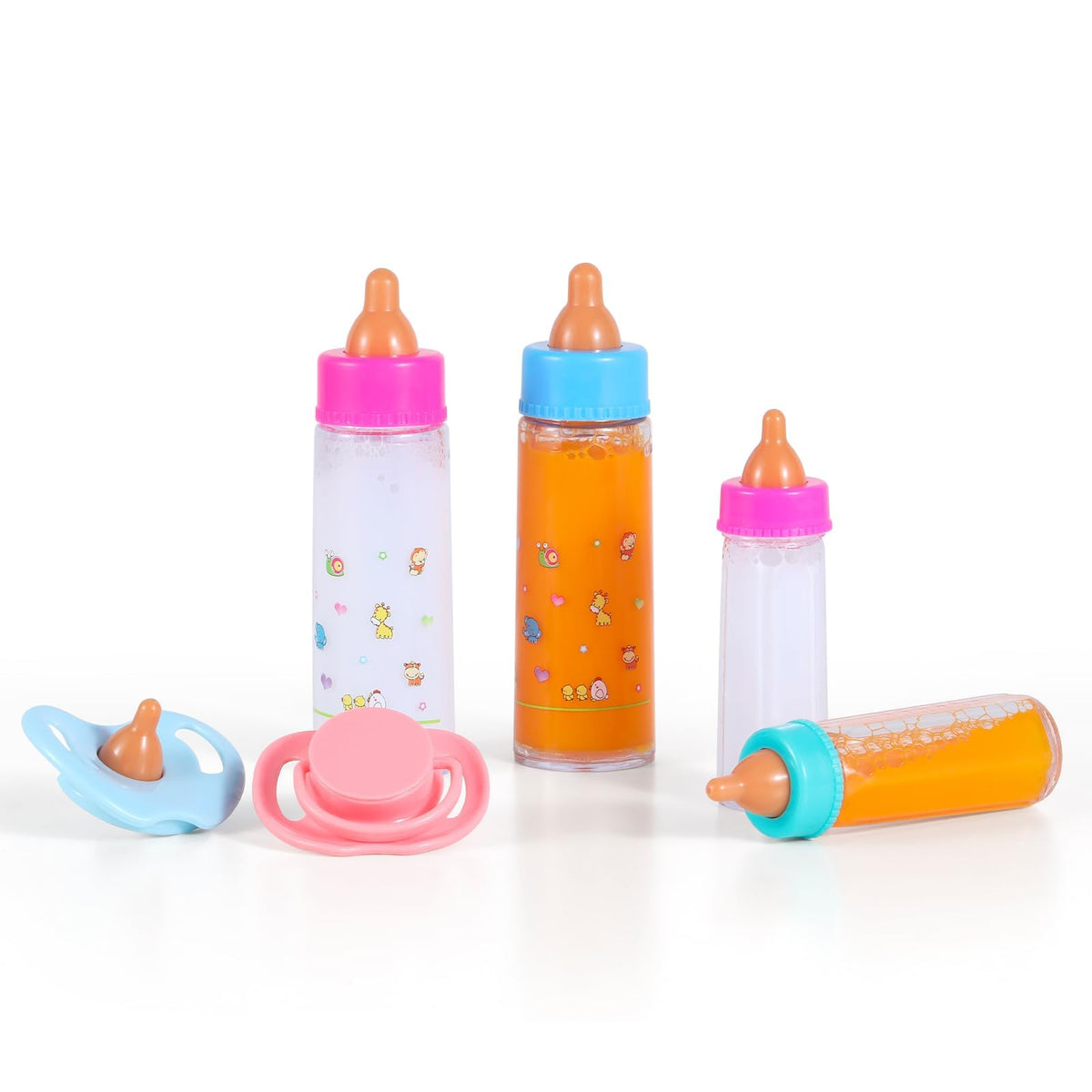 Kaydora Baby Doll Bottle Accessories - 6 Pcs Magic Milk Feeding Toys Yellow | Magic Disappearing Milk & Juice, with Non-magnetic Pacifiers, Pretend Play Sets, Gift for kids, Suit for Stroller, Crib, Bed