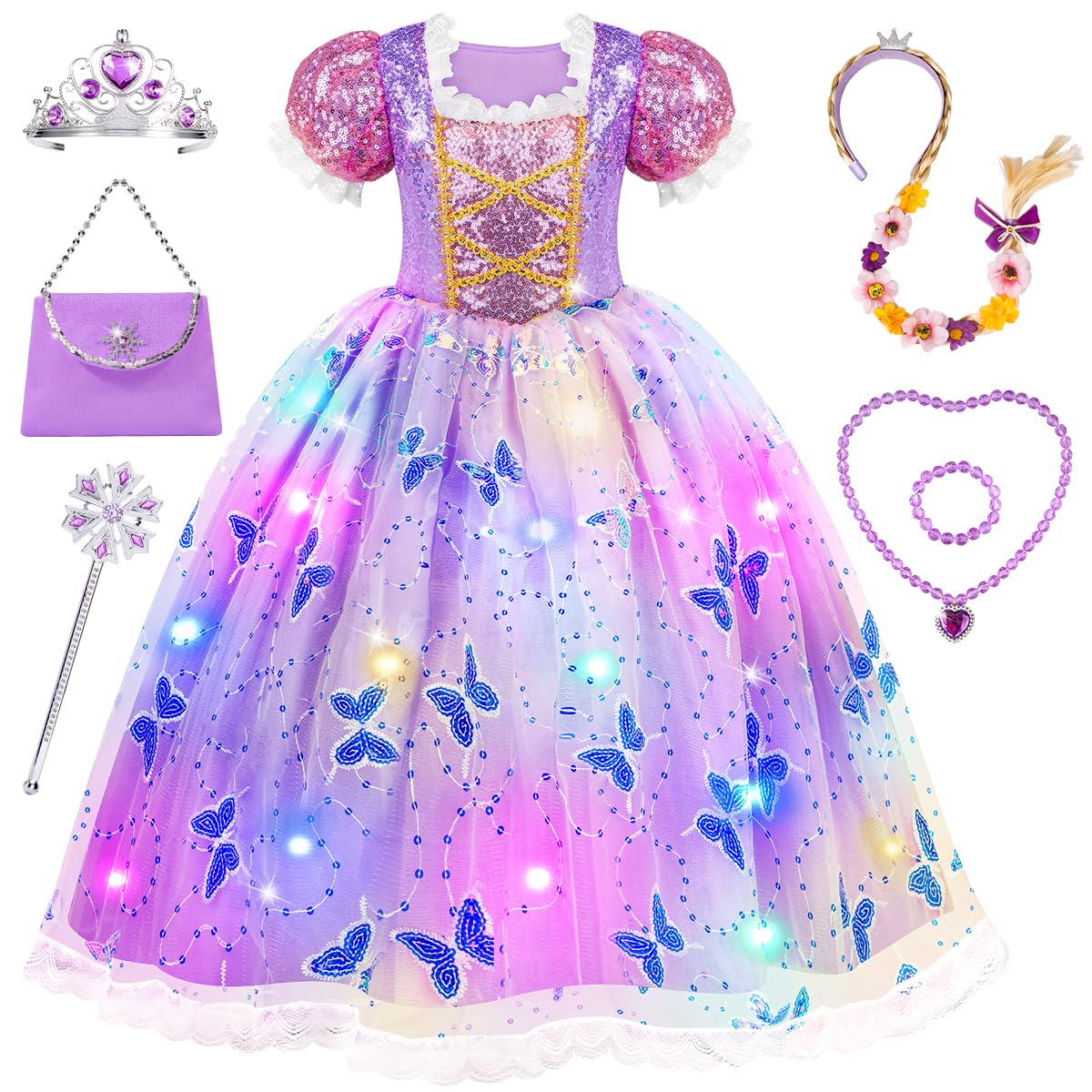Meland Light Up Princess Dress for Girls Ages 3-10, Dress Up Toy Gift Set | Designed for party, Christmas Birthday gift, Halloween costume, detailed with sequin bodice, soft lining, comfortable to wear