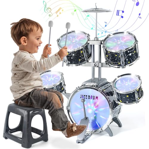 CAPTAIN CHAOWING Kids Drum Set for Toddlers 3-5, Light up Jazz Drum Toy 5-7 | Upgraded Jazz Drum Set for Kids, Musical Instrument Toys & Lights & All Plastic, Beginner Kit for Boys Girls Aged 3-5 4-6 5-7