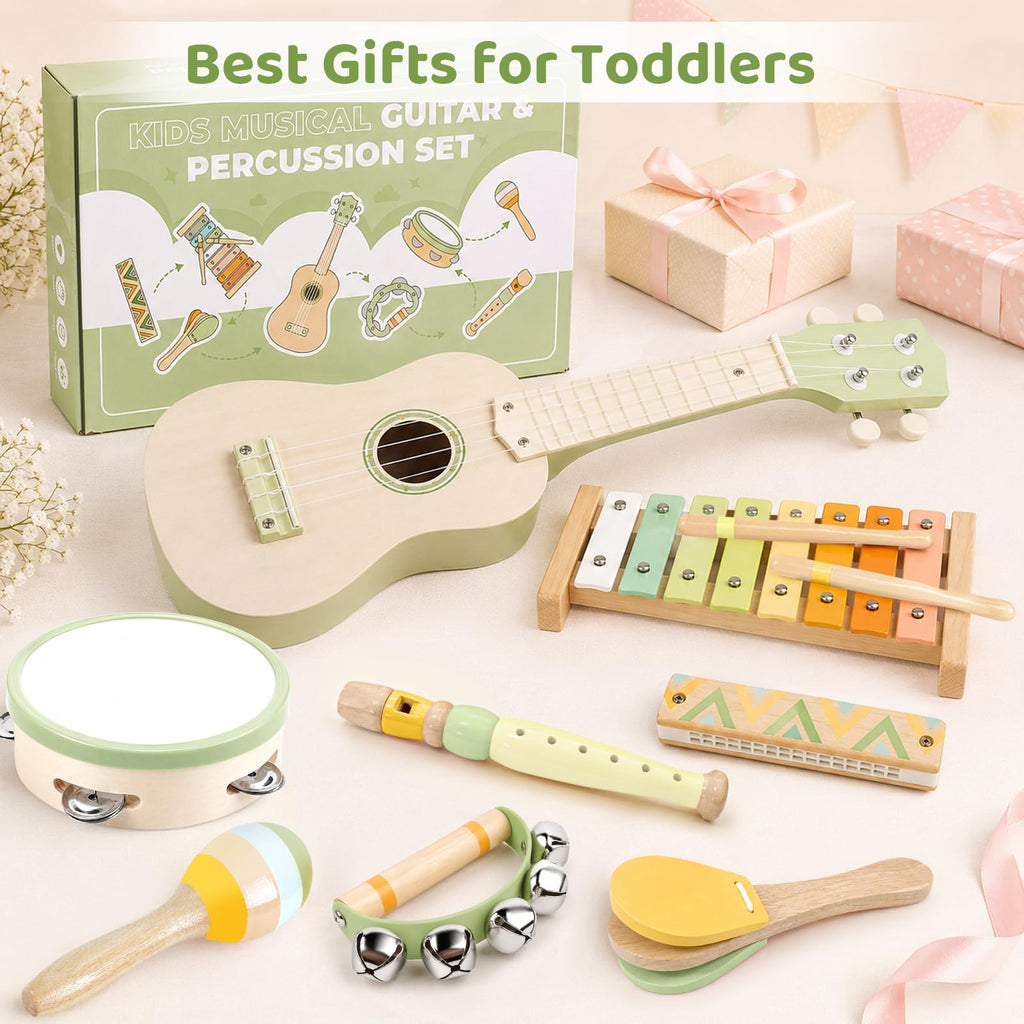 Kids Guitar Set - 8 in 1 Toddler Montessori Musical Instruments | Wooden Baby Ukulele Xylophone Tambourine Maracas Flute, Toy Guitar for Toddler, Mini Guitar Set Toddler Gifts for 2 year