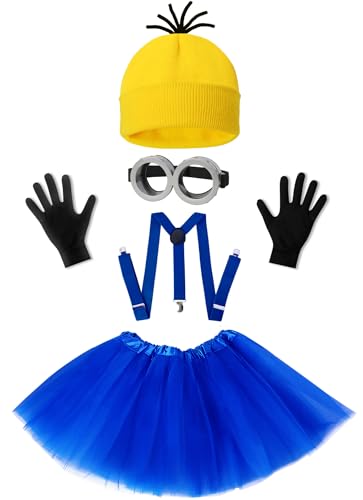 WISHTEN 5 PCS Halloween Costumes for Kids Girls,Halloween Cosplay Dress up | Halloween Costume Accessories for Girls, Goggles/Beanie/Blue Tutu Skirt/Suspenders/ Gloves,Family Themed Parties,Role Play