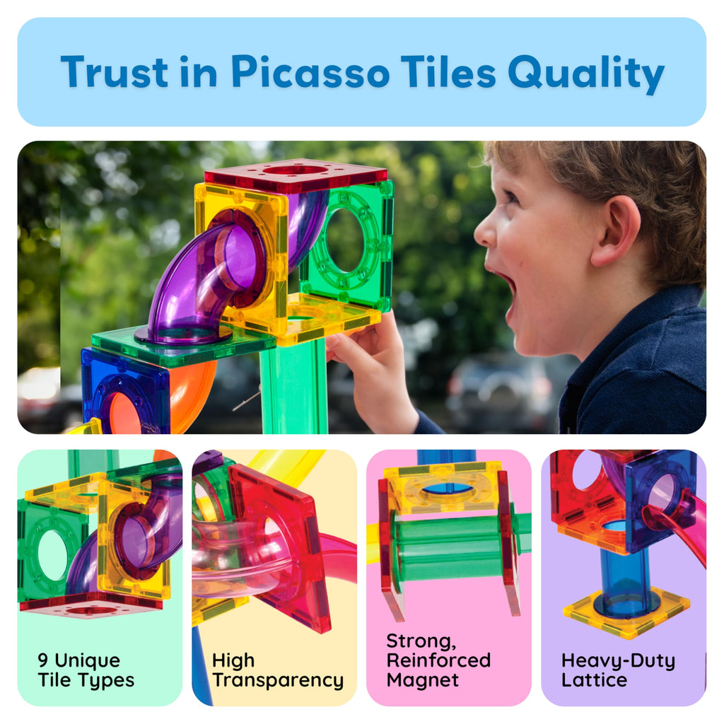 PicassoTiles 100 Piece Marble Run Magnetic Tiles Race Track STEM Ages 3+ | BPA-free ABS plastic, reinforced edges, curved slopes and U-turns, steel balls included, open-ended maze layouts, shared play