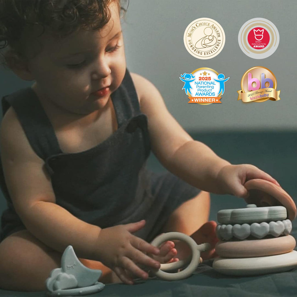Moonkie Stacks of Circles Soft Teething Toy | Educational Learning Baby Toy | Stacking Ring Toys for Babies Boy and Girl | 7 Piece Teethers Set