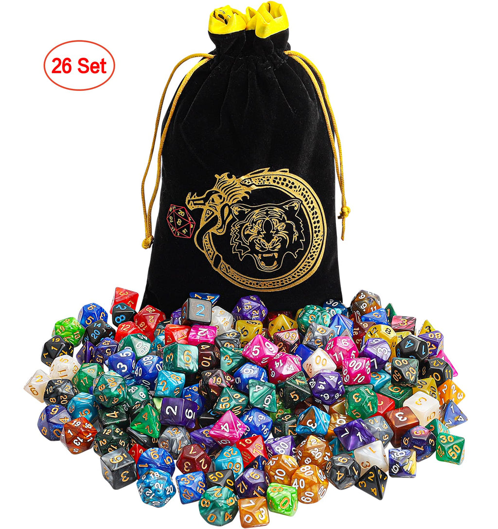 CiaraQ 182pcs Polyhedral Dice Set for Dungeon and Dragons MTG Table Games | 26 Role-Playing Dice Sets for D&D with Storage Bag. 7 dice each (D4-D20), Classic Numbers, Ages 14+