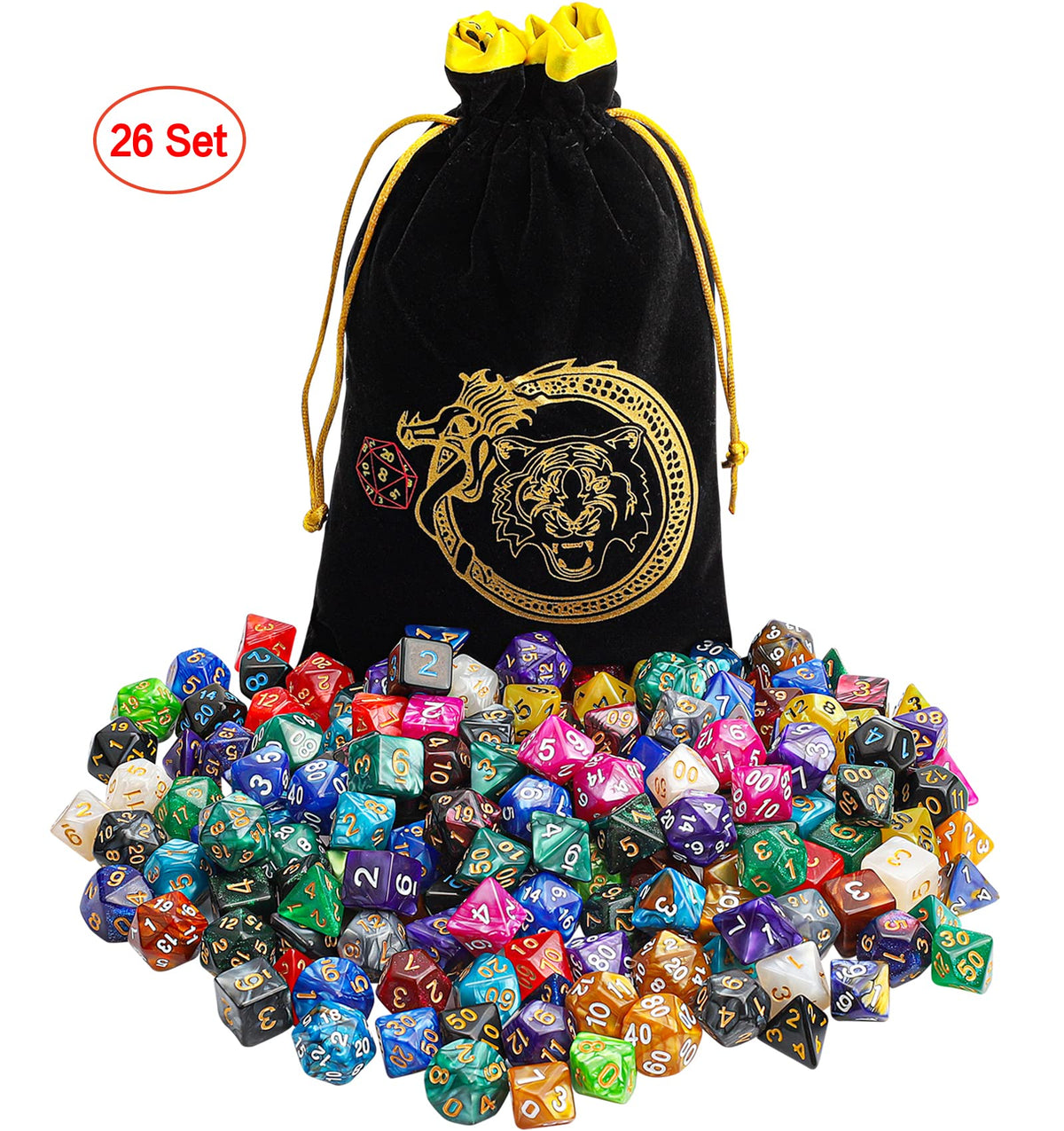 CiaraQ 182pcs Polyhedral Dice Set for Dungeon and Dragons MTG Table Games | 26 Role-Playing Dice Sets for D&D with Storage Bag. 7 dice each (D4-D20), Classic Numbers, Ages 14+