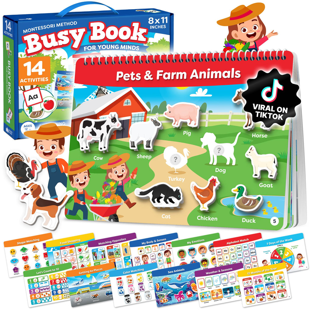 Montessori Busy Book & Preschool Learning Workbook for Toddlers Ages 3-5 | Preassembled Quiet Activity Book - Educational Travel Toy - Toys and Gifts for Kids