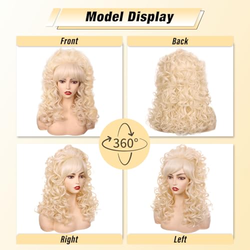 FantaLook Blonde Long Curly Wig with Bangs, Vintage Costume Wig for Women | Retro 60s 70s 80s styling wig, ideal for queen cosplay, Halloween party, disco & themed fancy dress events.