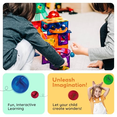 PicassoTiles 100 Piece Marble Run Magnetic Tiles Race Track STEM Ages 3+ | BPA-free ABS plastic, reinforced edges, curved slopes and U-turns, steel balls included, open-ended maze layouts, shared play