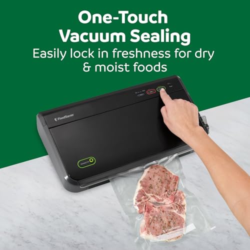 FoodSaver FM2100 Vacuum Sealer Machine, One-Touch Sealing, Roll Storage & Cutter, Dry & Moist Food, For Sous Vide Cooking, Accessory Port & Hose, Starter Bags & Roll Included