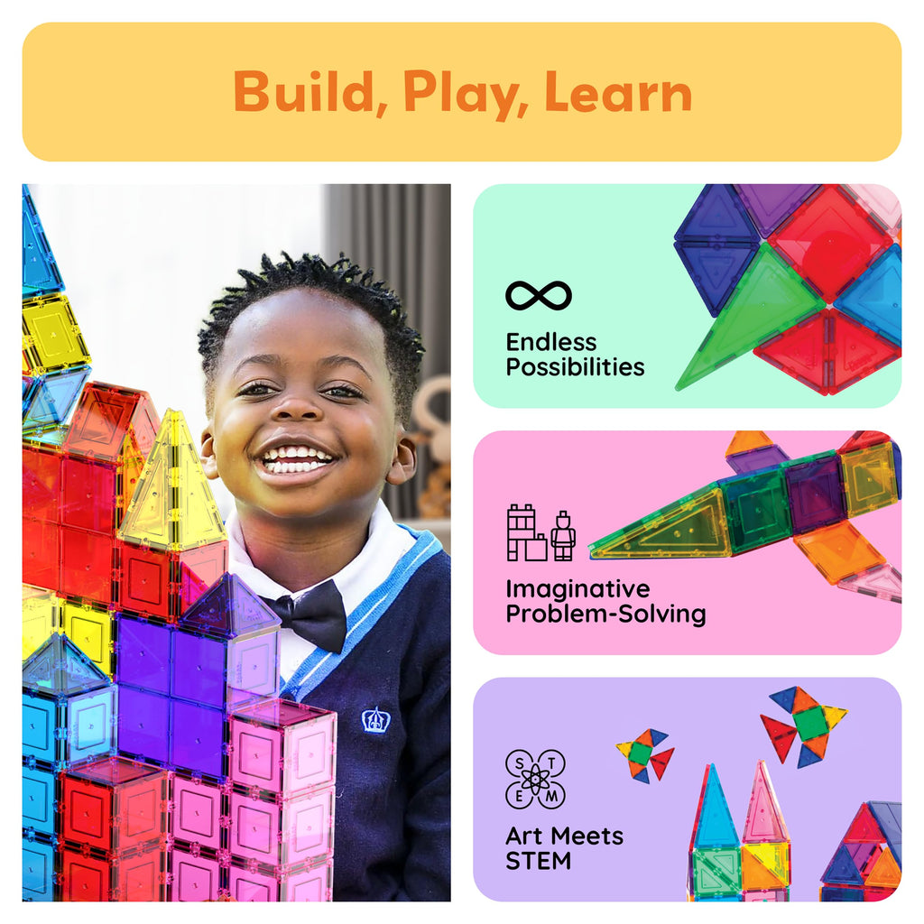 PicassoTiles 100 Piece Magnetic Tiles, Clear 3D Building Blocks for Kids 3+ | No-limit scalable builds, hands-on magnet polarity fun, family group play, quick assemble & store, shape & color recognition