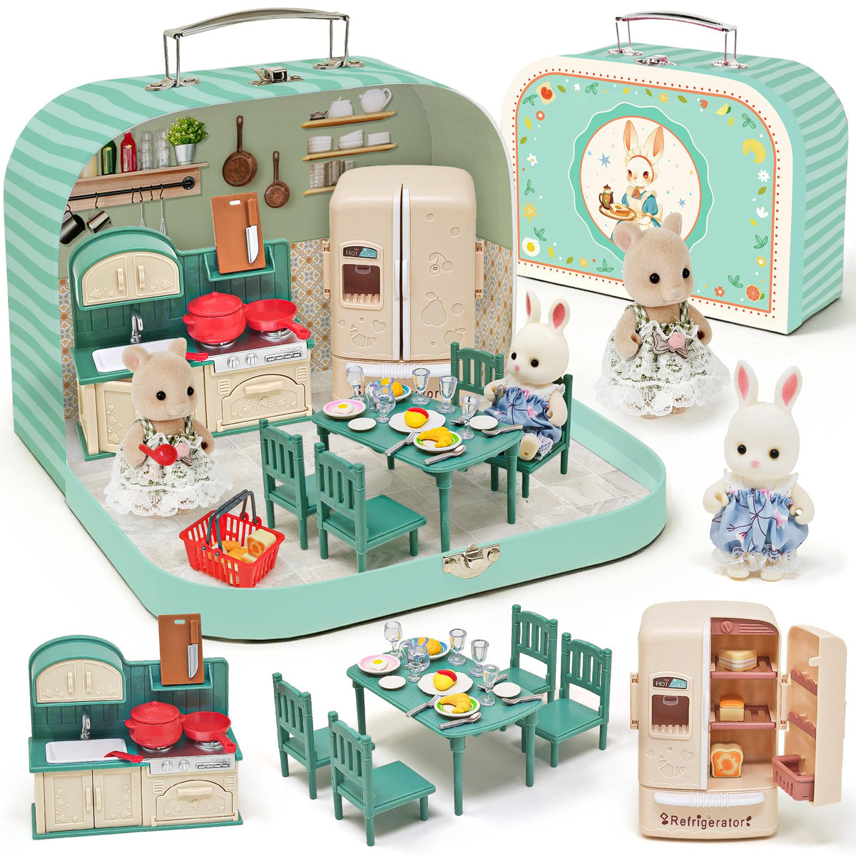 Dollhouse Kitchen Furniture Suitcase Set for Kids, 2 Flexible Dolls/Dining Tble/Kitchenware/Tableware/Refrigerator/Bread, Pretend Play Dollhouse Accessories Christmas Birthday Gift for Girls Ages 3+
