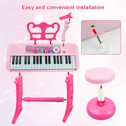 Love&Mini Kids Piano Keyboard Toys for Girls | 37-Key Kids Piano Keyboard with Stool, Stand & Microphone, Pink Piano Toys for Girls Ages 3+