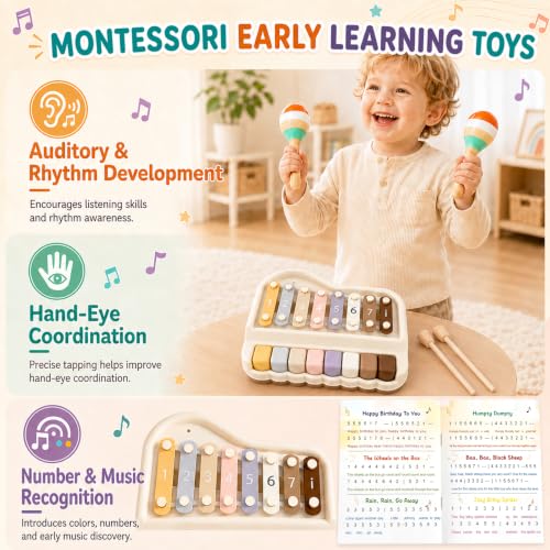 LexoPals Kids'Musical Instruments Set, Montessori Toys for Toddlers | 2-in-1 Piano Xylophone & Wooden Toys Set, Neutral Preschool Educational Percussion Instruments, Birthday Gifts for Kids