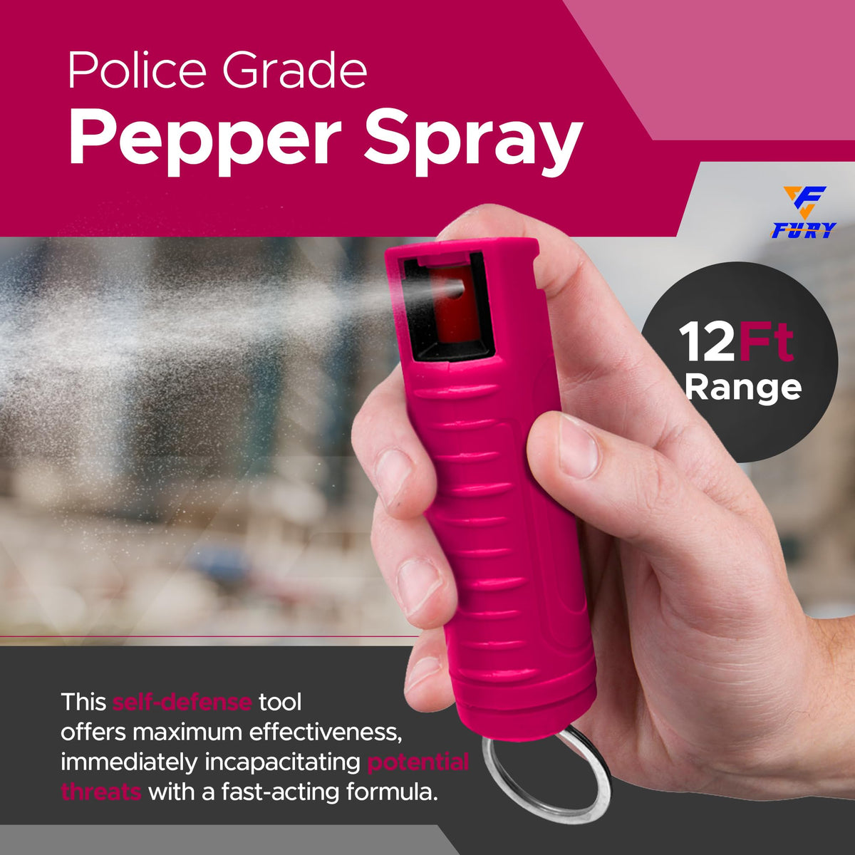 FURY Hardshell Pepper Spray - 12Ft Range, Max Strength, UV Dye Identifier, Anti-Leak & Anti-Misfire, Slidetop Trigger, Belt Clip & Key Ring, Multiple Color Options, Self-Defense Spray