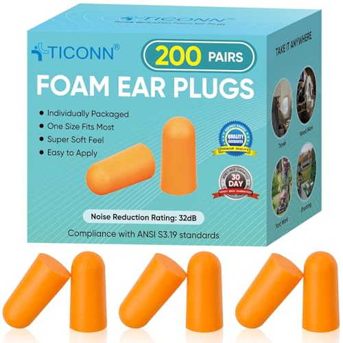 TICONN 200 Pairs Foam Ear Plugs Individually Wrapped, 32dB NRR for Sleep | Hearing Protection, Individually Wrapped, Secure Comfortable Fit, Disposable & Hygienic, for Study, Hunting, Work & Sleep