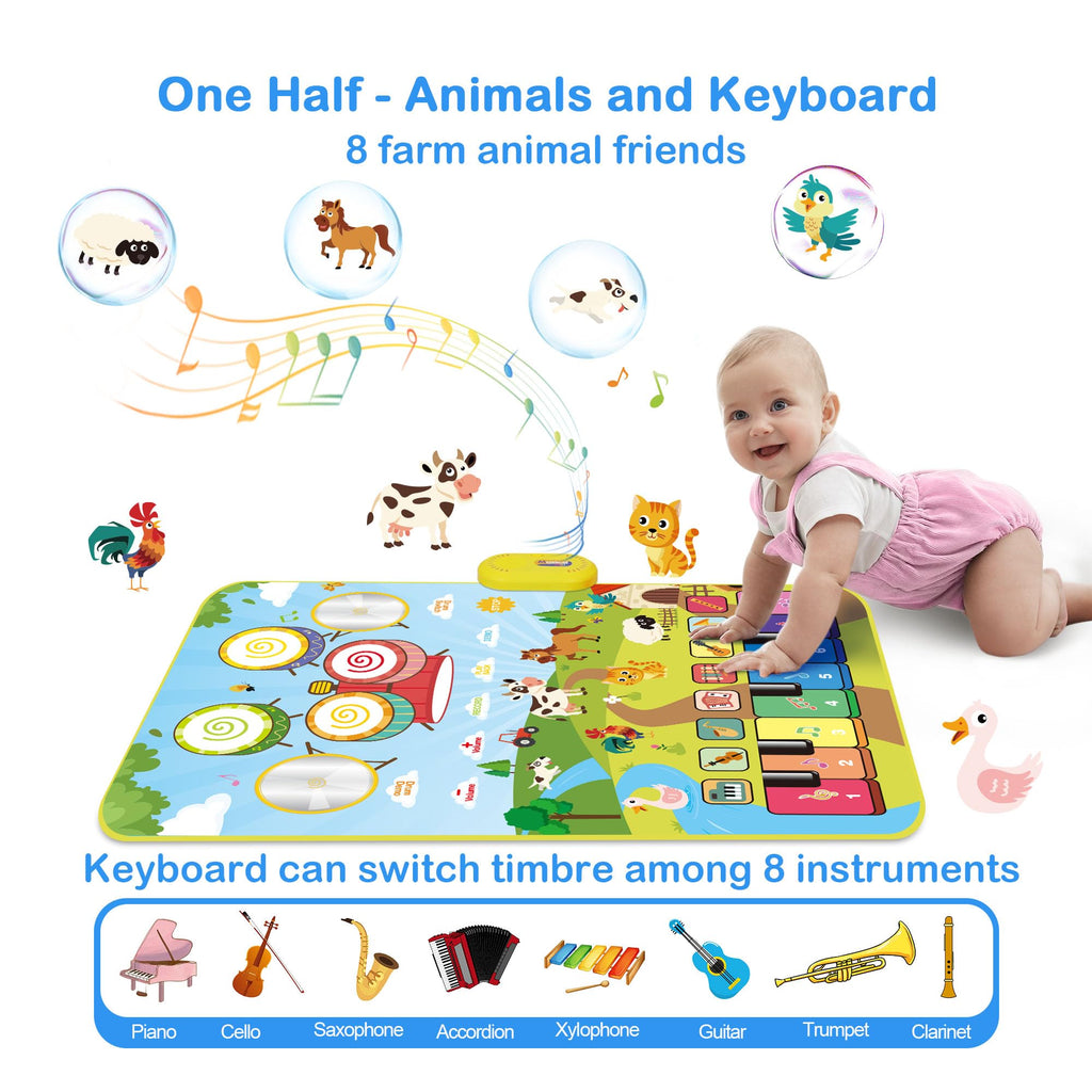 FOKI 3-in-1 Floor Piano Mat, Musical Toys for Toddlers 1-3, Baby Music Mat | 35.4 x 27.6 in Sensory Toy, 3 Sound Channels, 200-Note Record & Playback, 8 Music Cards, Gifts for 1 Year Old Boys & Girls