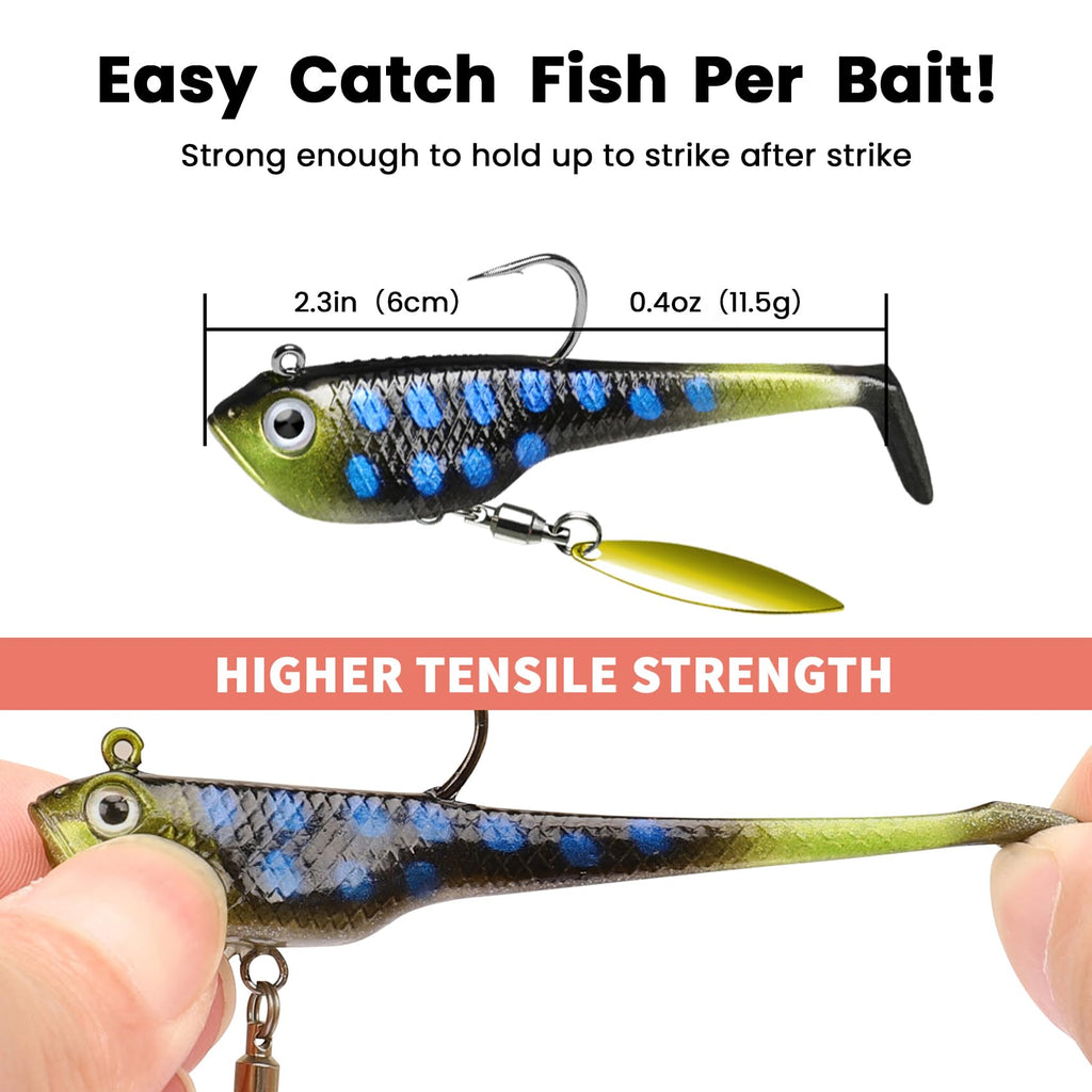 TRUSCEND Shadtale Easy Catch Soft Fishing Lures with BKK Hooks - Trembly Sinking and Vibrating Swim for More Bites, Pre-Rigged Swimbaits for Bass, Trout, Crappie, Walleye, Freshwater Saltwater Fishing