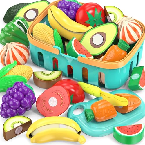 Cutting Play Food Toys for Kid, Pretend Play Kitchen Accessories, Fake Food | Shopping Storage Basket, Cutting Fruits/Vegetables, Plastic Board and Knife, Birthday Gifts/Educational Toy for Children