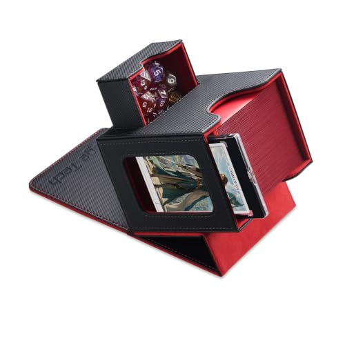 Mage Tech Card Deck Box for MTG Commander - Patented Design, Commander Display, Fits 100 Double-Sleeved Cards, 35pt Card Brick & Dice Tray - Black/Red