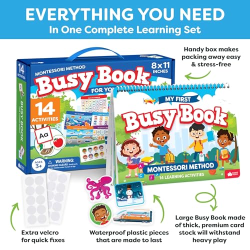 Montessori Busy Book & Preschool Learning Workbook for Toddlers Ages 3-5 | Preassembled Quiet Activity Book - Educational Travel Toy - Toys and Gifts for Kids