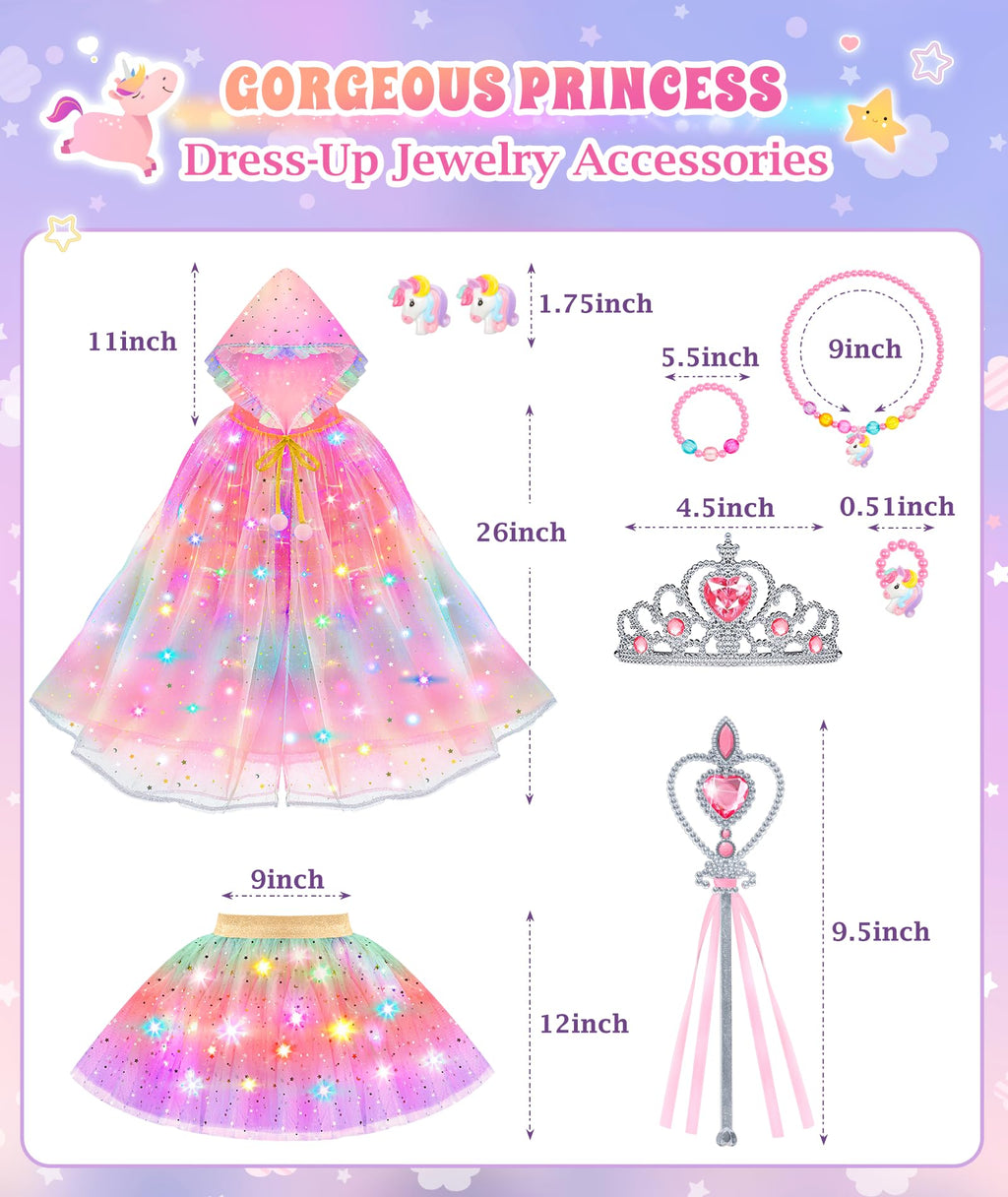 Princess Dress Up for Girls, Unicorn Light up Princess Cape Princess Dress | Costume Crown Gift for Girls 3 4 5 6 DOLNOW