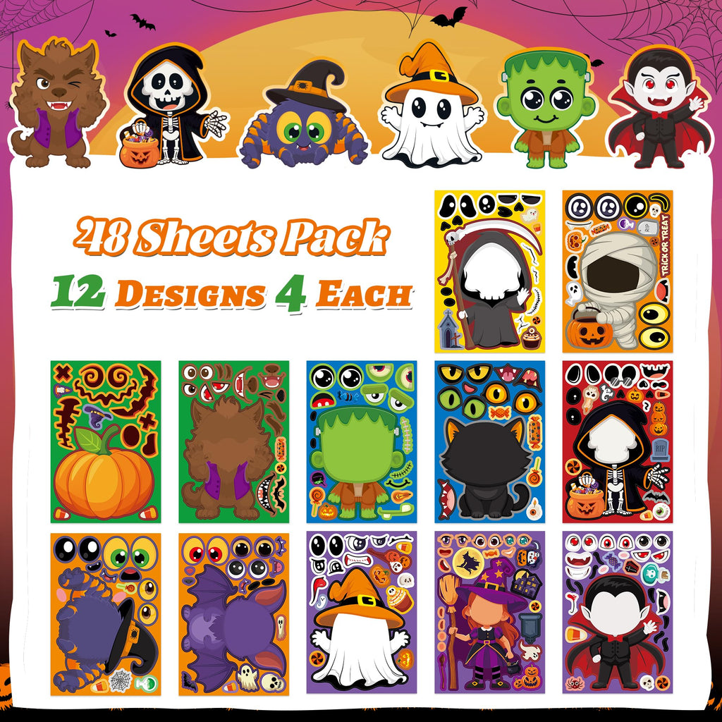 Halloween Stickers 48 Sheets DIY Halloween Party Favors Crafts Kids | 8.6" X 5.8" Halloween Activities Games Goodie Bag Stuffers for Kids Toddlers Classroom Gifts Supplies Treats Prizes Decor