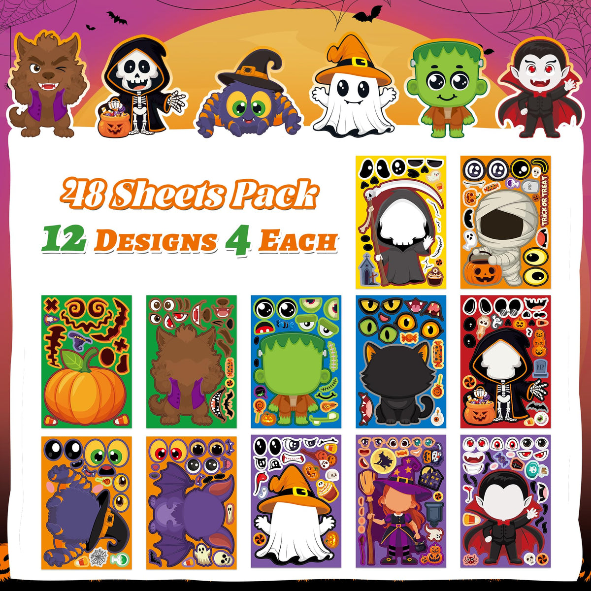 Halloween Stickers 48 Sheets DIY Halloween Party Favors Crafts Kids | 8.6" X 5.8" Halloween Activities Games Goodie Bag Stuffers for Kids Toddlers Classroom Gifts Supplies Treats Prizes Decor