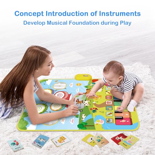 FOKI 3-in-1 Floor Piano Mat, Musical Toys for Toddlers 1-3, Baby Music Mat | 35.4 x 27.6 in Sensory Toy, 3 Sound Channels, 200-Note Record & Playback, 8 Music Cards, Gifts for 1 Year Old Boys & Girls
