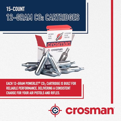 Crosman 15-Count CO2 Cartridges for Air Rifles and Air Pistols | Snug Neck Seal Prevents Gas Leaks - Strong Metal Walls Handle Heavy Use - Smooth Even Pressure For Every Shot