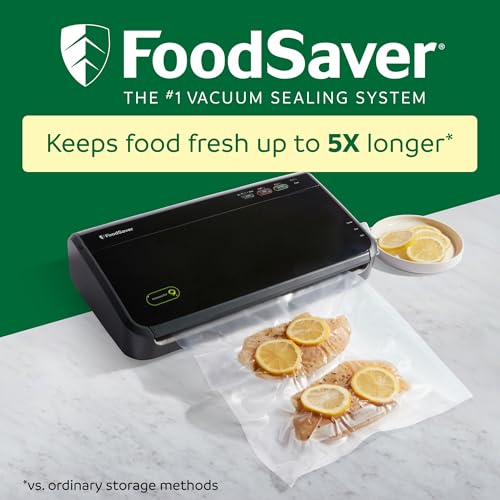 FoodSaver FM2100 Vacuum Sealer Machine, One-Touch Sealing, Roll Storage & Cutter, Dry & Moist Food, For Sous Vide Cooking, Accessory Port & Hose, Starter Bags & Roll Included